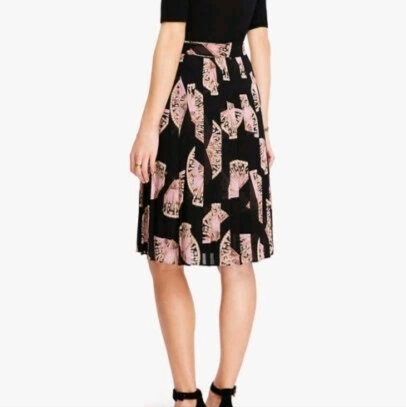 Ann Taylor Black Pink Fan Floral Pleated Side Tie Midi Skirt Sz 14 WSK147 - Picture 4 of 9